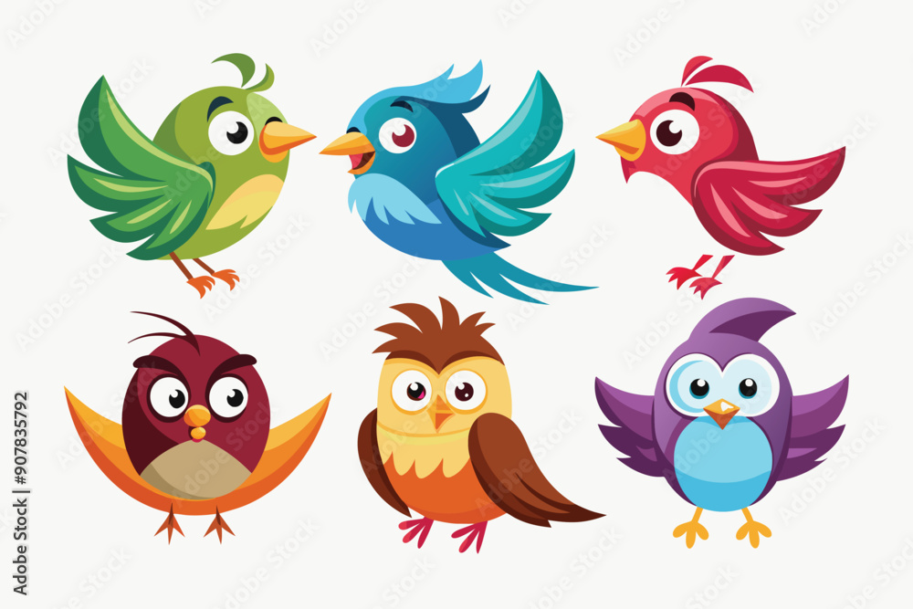 Six Cartoon Birds with Different Colors and Expressions Six Cartoon Birds with Different Colors and Expressions