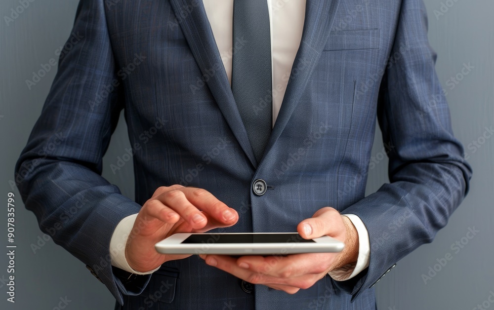 Business concept with a man's hand holding a smartphone and finger touching the screen Business concept with a man's hand holding a smartphone and finger touching the screen