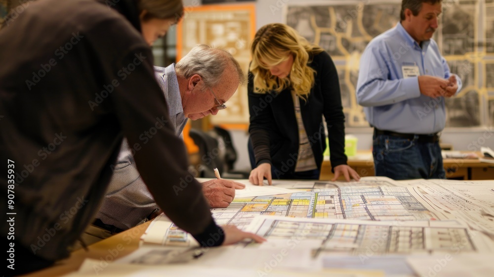 Generate a photo realistic image of a construction project team in a session reviewing the budget with detailed charts and financial documents; ensure the image is of high resolution for clear Generate a photo realistic image of a construction project team in a session reviewing the budget with detailed charts and financial documents; ensure the image is of high resolution for clear