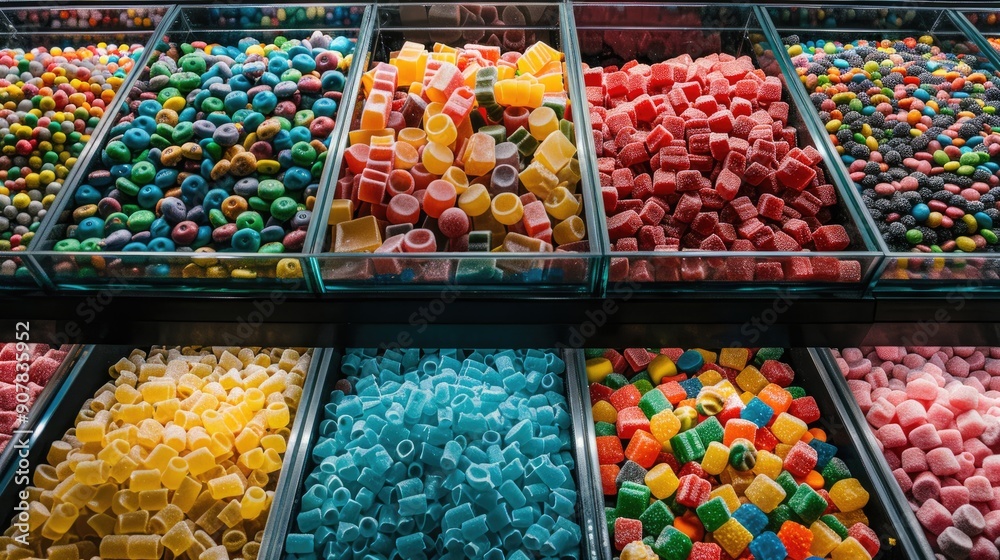 Rows of colorful candies in glass containers. A photo showcasing a variety of candy types, perfect for illustrating themes of sweets, treats, and indulgence. Rows of colorful candies in glass containers. A photo showcasing a variety of candy types, perfect for illustrating themes of sweets, treats, and indulgence.