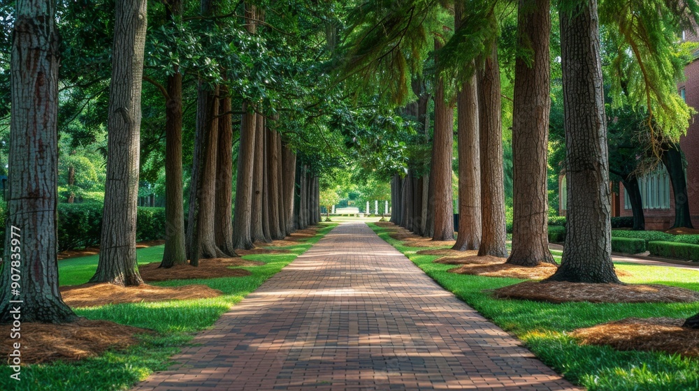 Brick Pathway Through a Tree-Lined Walkway. Brick Pathway Through a Tree-Lined Walkway.