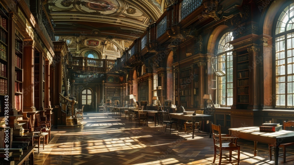 Sunlight streaming through the windows of a grand library. Sunlight streaming through the windows of a grand library.