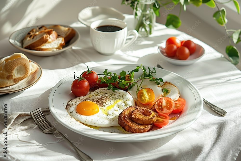 Elegant breakfast setup with fried eggs, tomatoes, toast, and coffee on a sunlit table Elegant breakfast setup with fried eggs, tomatoes, toast, and coffee on a sunlit table