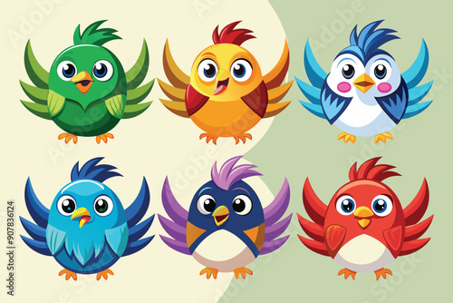 Six Colorful Cartoon Birds with Big Eyes and Beaks