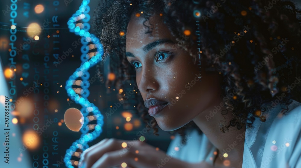 Focused female scientist analyzing data with DNA strand overlay, showcasing innovation and biotechnology in modern science. Focused female scientist analyzing data with DNA strand overlay, showcasing innovation and biotechnology in modern science.