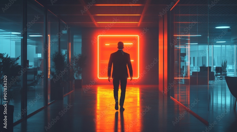 Businessman and Success: Neon Sign in a Dark Office Businessman and Success: Neon Sign in a Dark Office