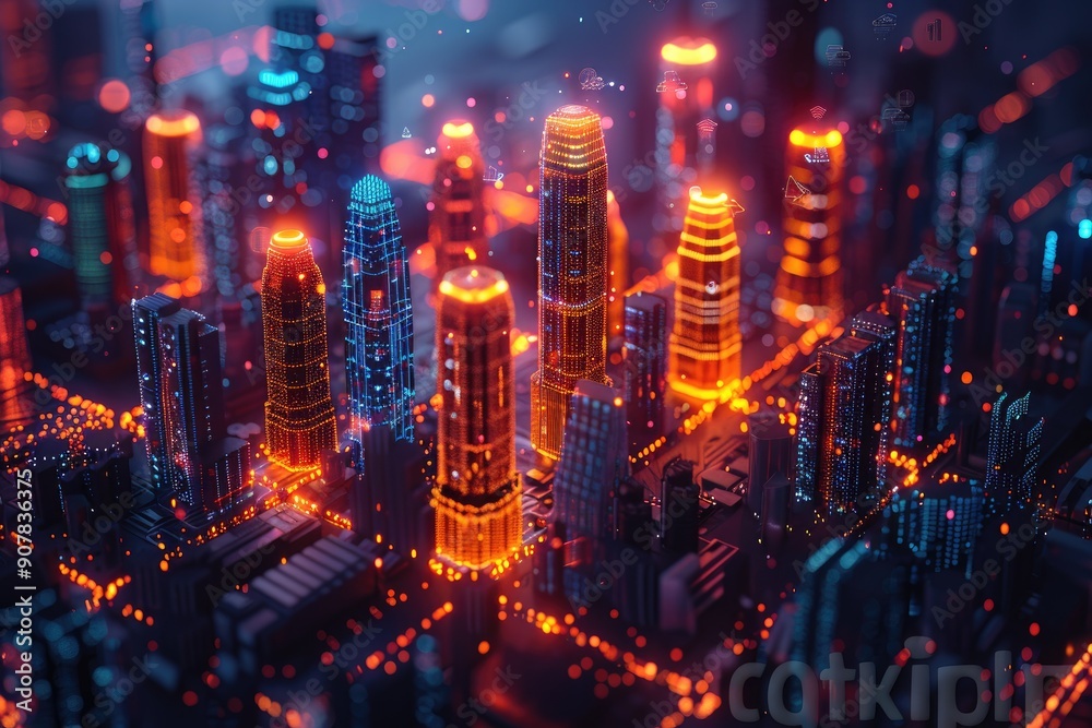 Futuristic cityscape with glowing neon lights and high-tech buildings, showcasing a vibrant and technologically advanced urban environment.