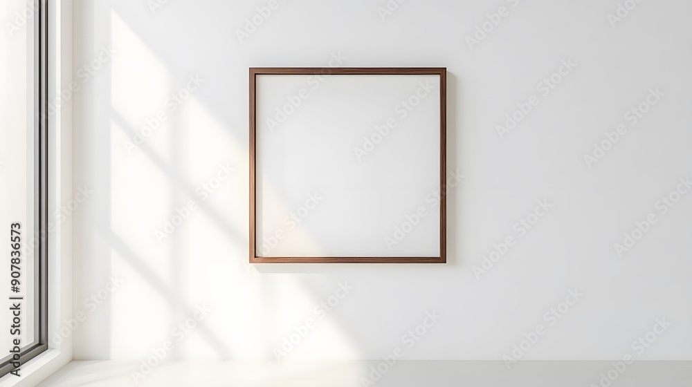 Blank picture frame mockup on white wall. Square orientation. Artwork template in modern interior design