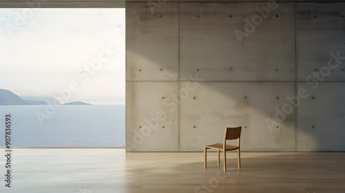 Minimalist room with a single chair and large window overlooking a serene landscape.