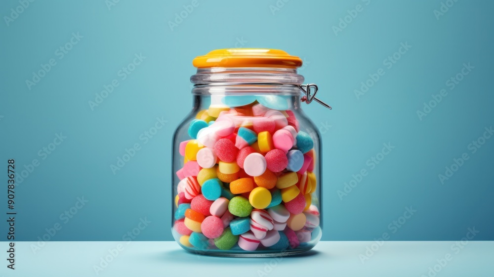 A whimsical glass jar filled with colorful candies A whimsical glass jar filled with colorful candies