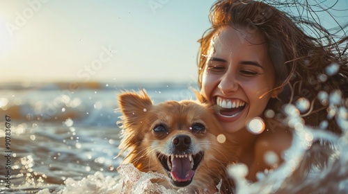 A woman, her hand resting atop her fluffy Pomeranian's head, laughing as the waves playfully chase after them. photo