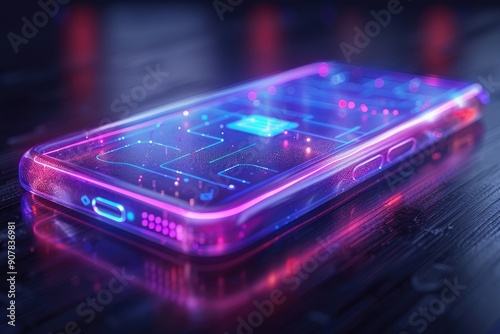 Futuristic glowing smartphone with neon lights and circuit design, showcasing modern technology and innovation.