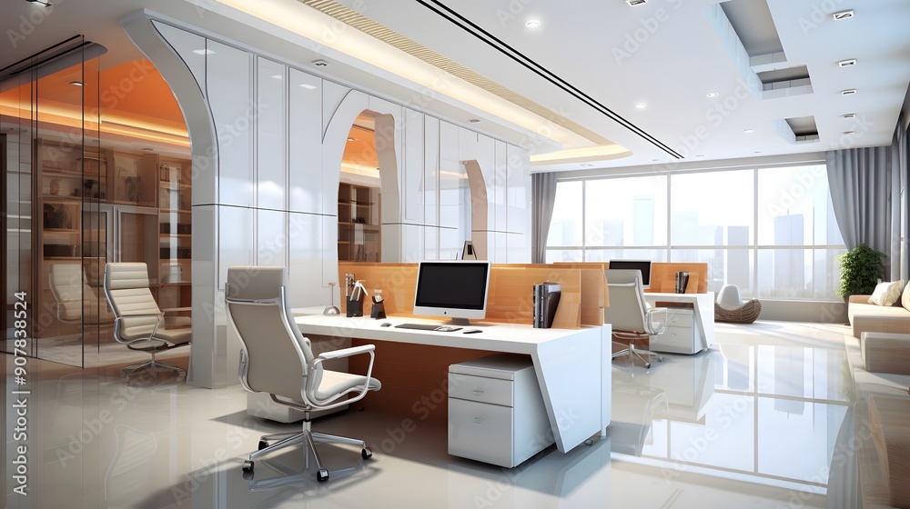 Fototapeta premium Bright office area with contemporary design and ergonomic furniture.