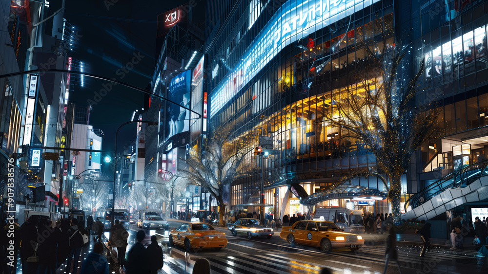 Fototapeta premium Realistic Night View: South Tokyo City Center