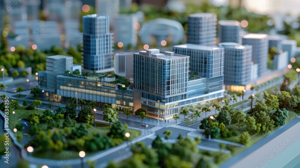 Fototapeta premium Generate a photo realistic image of a maquette depicting a corporate complex with office towers, corporate headquarters, and business facilities; ensure the image is of high resolution 