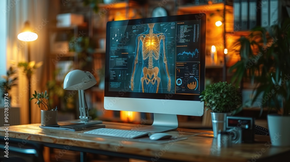 Modern workspace with a computer displaying medical science data. Ideal for healthcare, technology, and research concepts. Modern workspace with a computer displaying medical science data. Ideal for healthcare, technology, and research concepts.