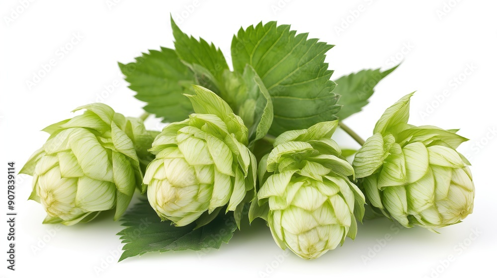 green hop cones and leaves isolated on white background green hop cones and leaves isolated on white background