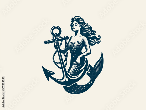 Beautiful mermaid at anchor.  Engraving vintage vector illustration, monochrome black color. Woodcut