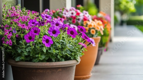 Various varieties of potted flowers for gardens. Flowers for landscape design. Bright petunias among potflowers photo