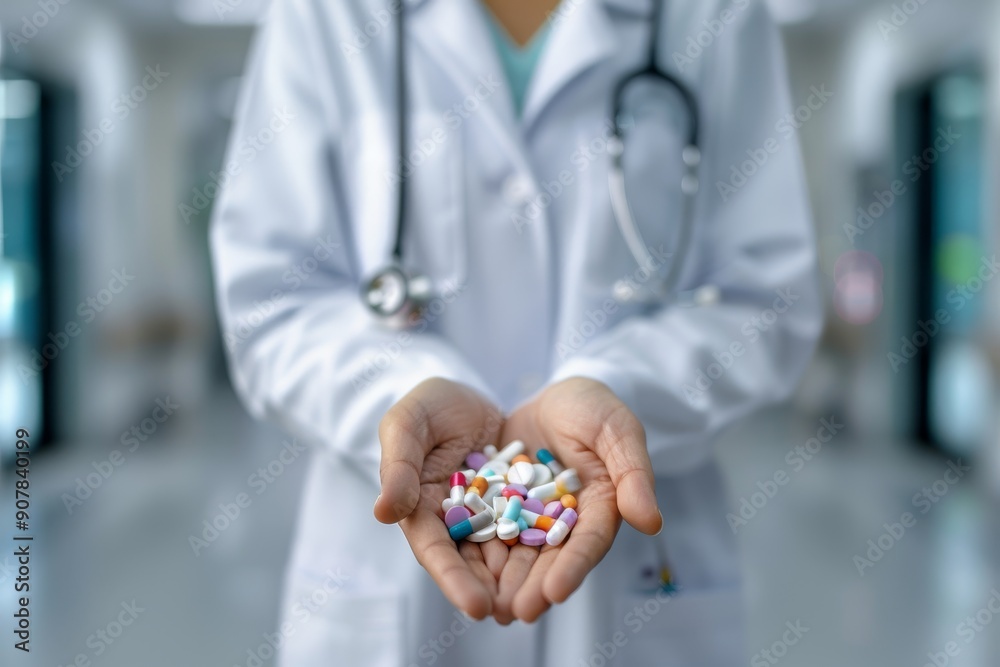 Close up of doctor holding pills or medical gloves with stethoscope Close up of doctor holding pills or medical gloves with stethoscope