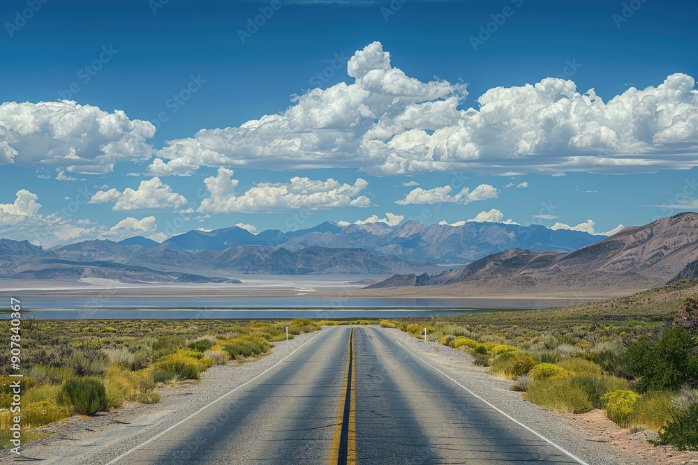 Naklejka premium Empty road leads to mountains and lake. Perfect for travel or adventure concepts.