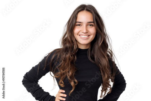 Young woman with long hair smiling confidently, hands on hips, isolated on white background