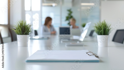 Wallpaper Mural Modern office setting with plants, laptops, and a clipboard on a table, ideal for business and teamwork concepts. Torontodigital.ca