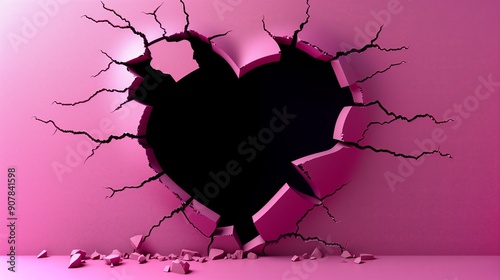 Cracked Heart Shaped Hole in Pink Wall