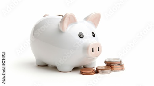 A cute piggy bank with coins, symbolizing savings, finance, and budgeting. Ideal image for financial planning concepts.