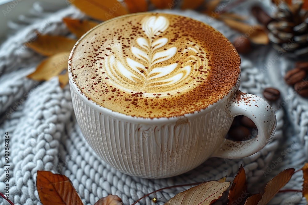 A cozy cup of latte with beautiful leaf latte art, surrounded by autumn leaves and a gray knit scarf, perfect for fall mornings. A cozy cup of latte with beautiful leaf latte art, surrounded by autumn leaves and a gray knit scarf, perfect for fall mornings.