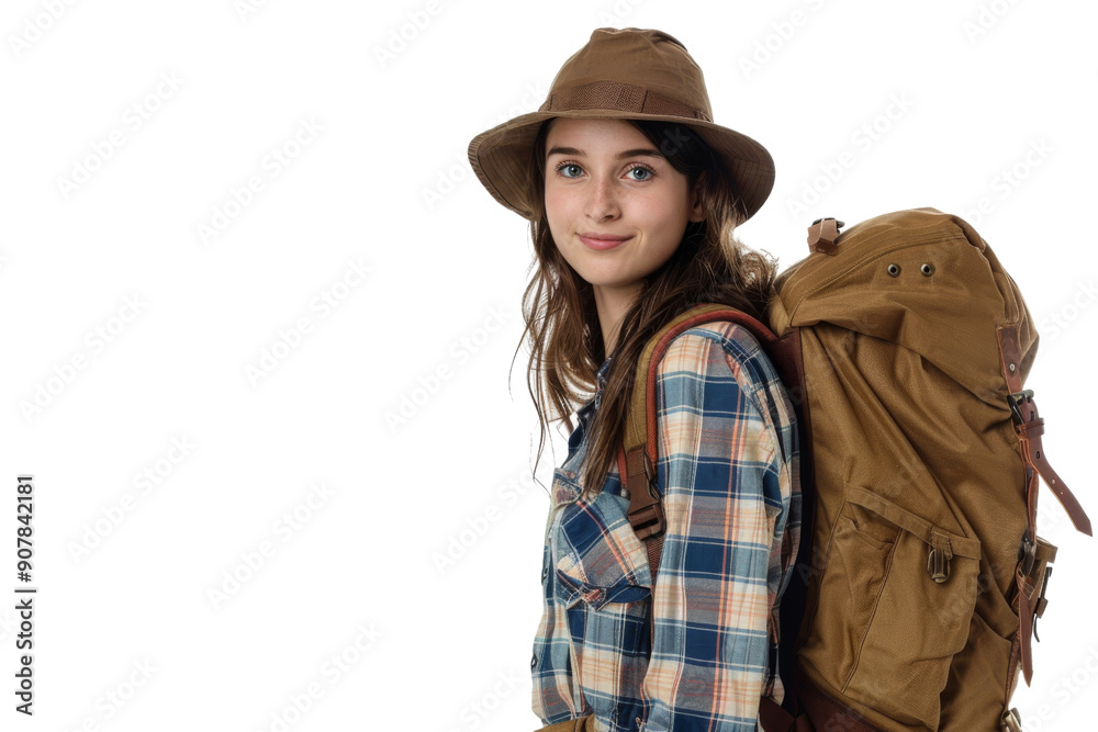 Young woman with backpack, ready for adventure, isolated on white background Young woman with backpack, ready for adventure, isolated on white background