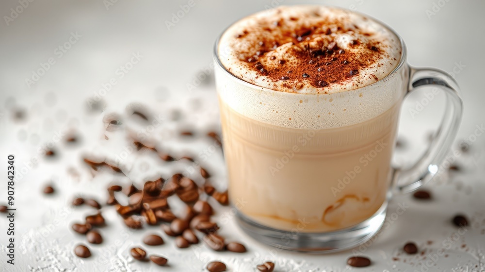 A frothy cappuccino in a clear glass mug topped with chocolate sprinkles, surrounded by scattered coffee beans on a white surface. A frothy cappuccino in a clear glass mug topped with chocolate sprinkles, surrounded by scattered coffee beans on a white surface.