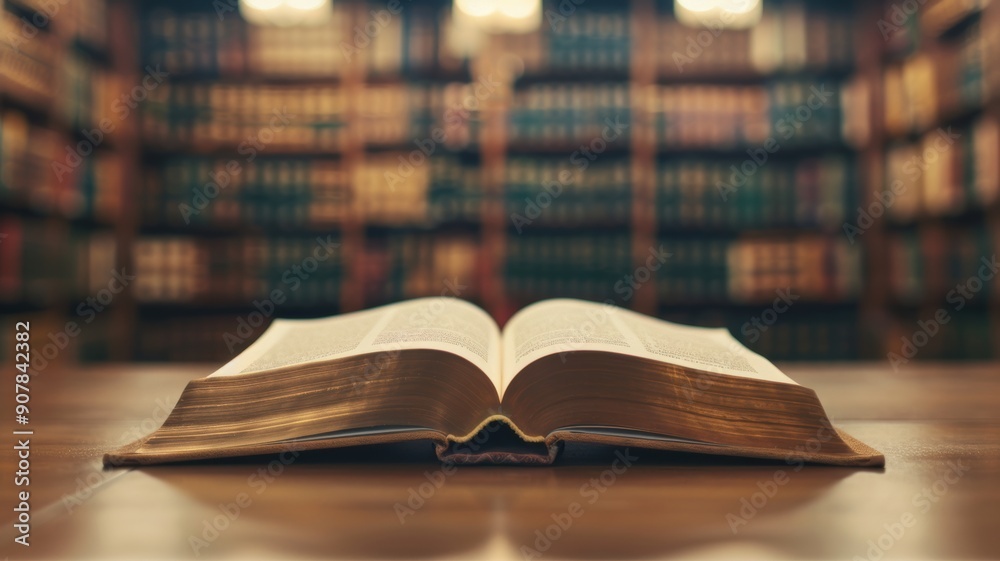 Obraz premium An open book on a wooden table with a blurred library background, evoking a sense of knowledge and exploration.