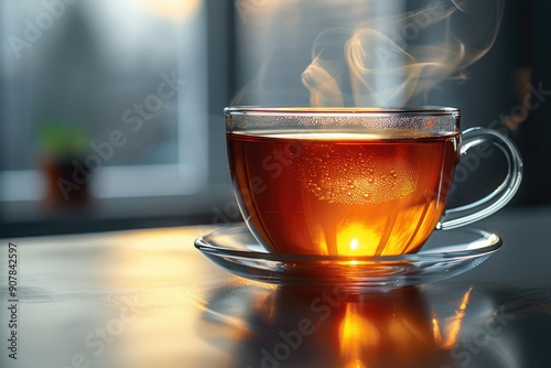 A steaming cup of tea in a clear glass cup, warmly lit by sunlight through a window, offering comfort on a calm morning. photo