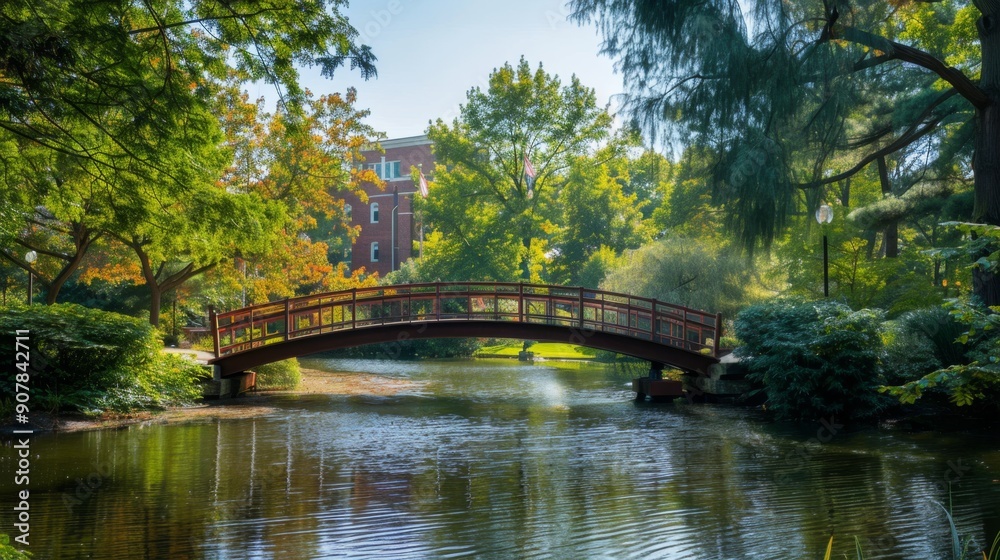 Wooden Bridge Over Pond in Park. Wooden Bridge Over Pond in Park.