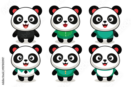 Six Adorable Cartoon Pandas in Various Outfits