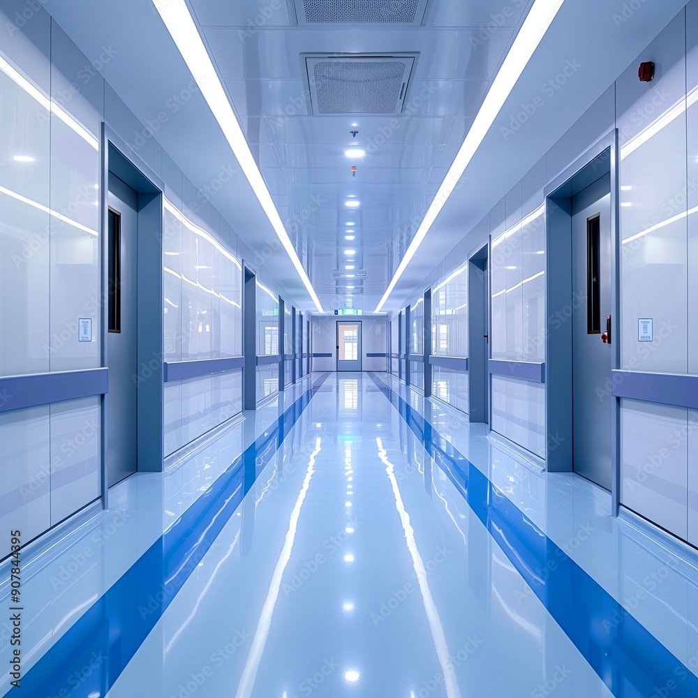 Fototapeta premium an empty hospital corridor in a blue shade.