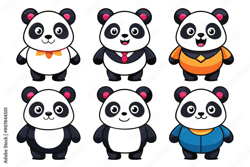 Six Cartoon Pandas Dressed in Different Outfits Six Cartoon Pandas Dressed in Different Outfits