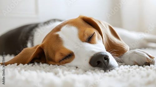 A sleeping Beagle dog on a white carpet, close-up view, eyes closed, floppy ears, brown and white fur, peaceful expression, white wall background.