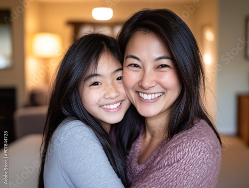 Smiling Hispanic mom and teen daughter share joyful moment, capturing pure love and friendship