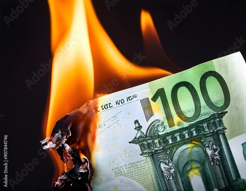 100 euro banknote burning. Concept of inflation, economic crisis, financial loss, bankruptcy, loss of capital.