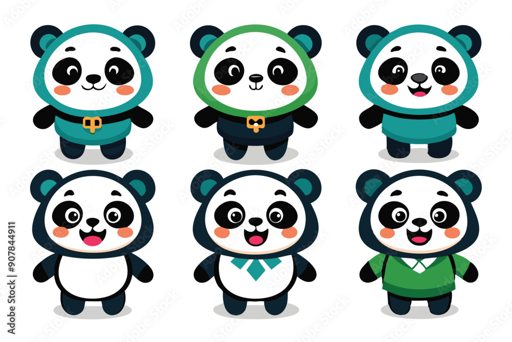 Six Cute Cartoon Pandas with Different Outfits Six Cute Cartoon Pandas with Different Outfits