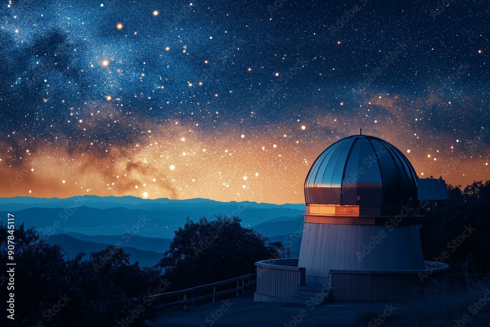 An observatory stands under a brilliant, starry night sky with a backdrop of mountains and a glowing horizon. An observatory stands under a brilliant, starry night sky with a backdrop of mountains and a glowing horizon.