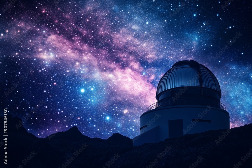 Silhouetted observatory under a stunning Milky Way galaxy, showcasing a clear, star-filled night sky with vibrant cosmic colors. Silhouetted observatory under a stunning Milky Way galaxy, showcasing a clear, star-filled night sky with vibrant cosmic colors.