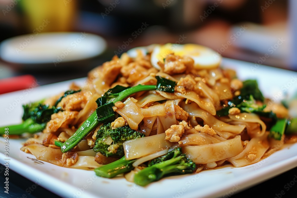 Delicious stir-fried noodles with vegetables and chicken on a white plate, garnished with a boiled egg, capturing a tasty Asian dish.