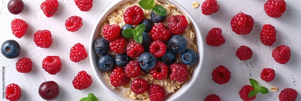 A bowl of fresh raspberries and blueberries on a bed of oatmeal, surrounded by scattered berries on a white background. A bowl of fresh raspberries and blueberries on a bed of oatmeal, surrounded by scattered berries on a white background.