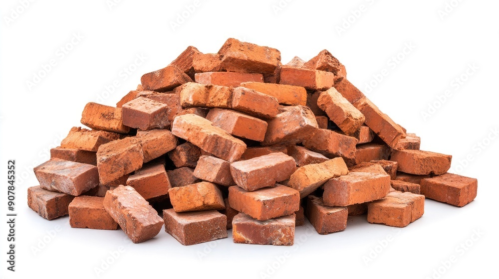 Wide-angle shot of a large, neatly stacked pile of red bricks isolated on a white background, showcasing construction materials Wide-angle shot of a large, neatly stacked pile of red bricks isolated on a white background, showcasing construction materials
