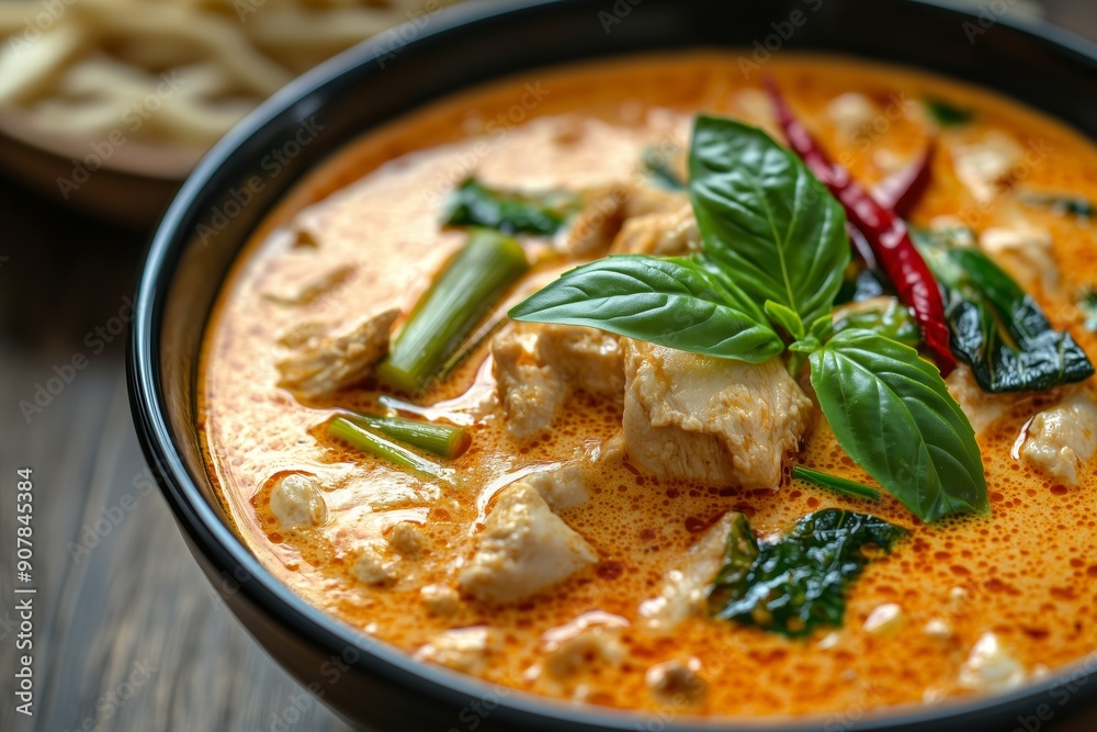 A bowl of spicy Thai red curry with tender chicken pieces, garnished with fresh basil leaves and red chili peppers. A bowl of spicy Thai red curry with tender chicken pieces, garnished with fresh basil leaves and red chili peppers.
