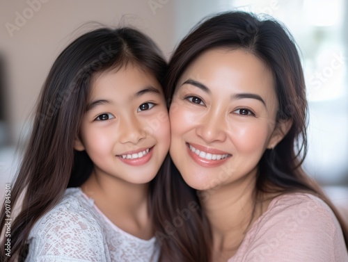 Close-up portrait of a smiling mother and daughter, capturing their joyful and loving relationship in a warm, indoor setting.