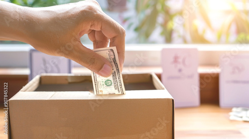 Hand placing a dollar bill into a donation box with a sunny background photo